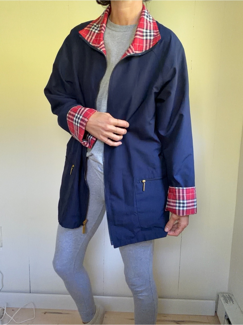 Minimalist Navy Raincoat with Red Plaid Trim reversible